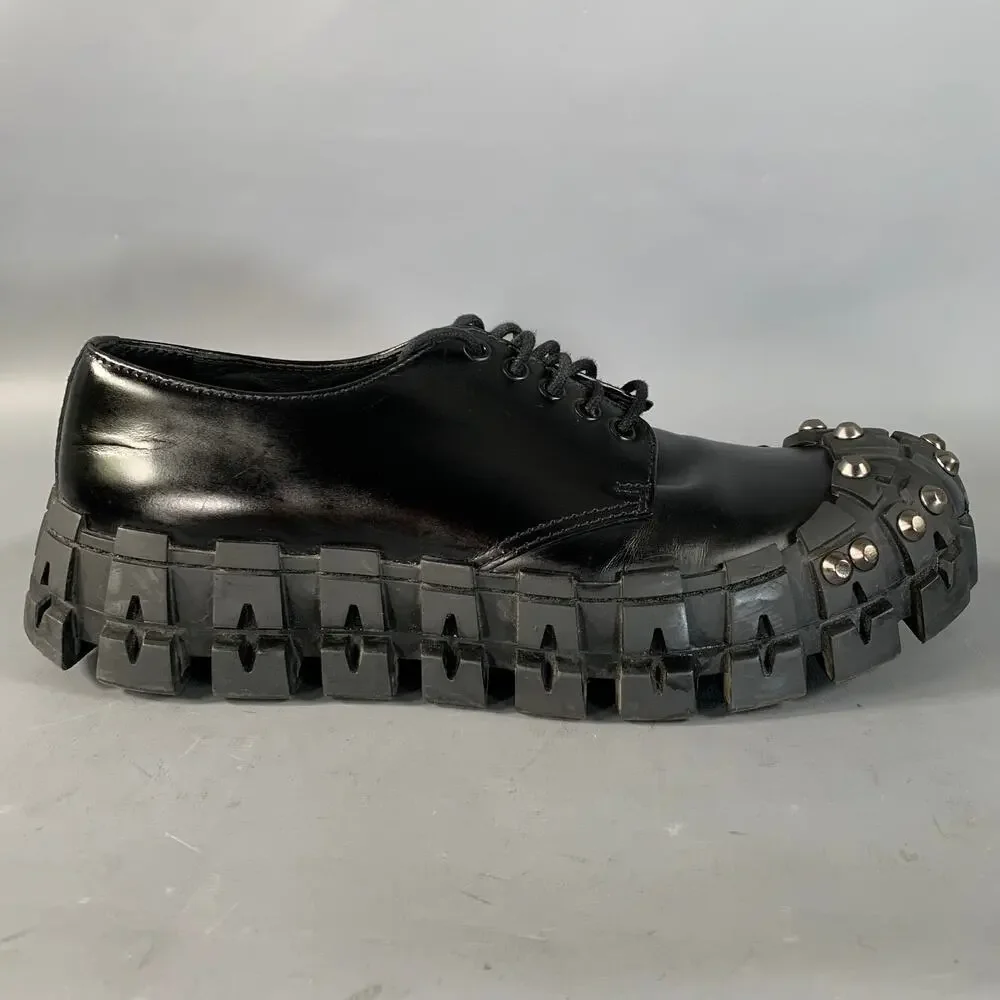 PRADA FW2019 Size 9 Black Gunmetal Studded Leather Cap Toe Lace Up Shoes